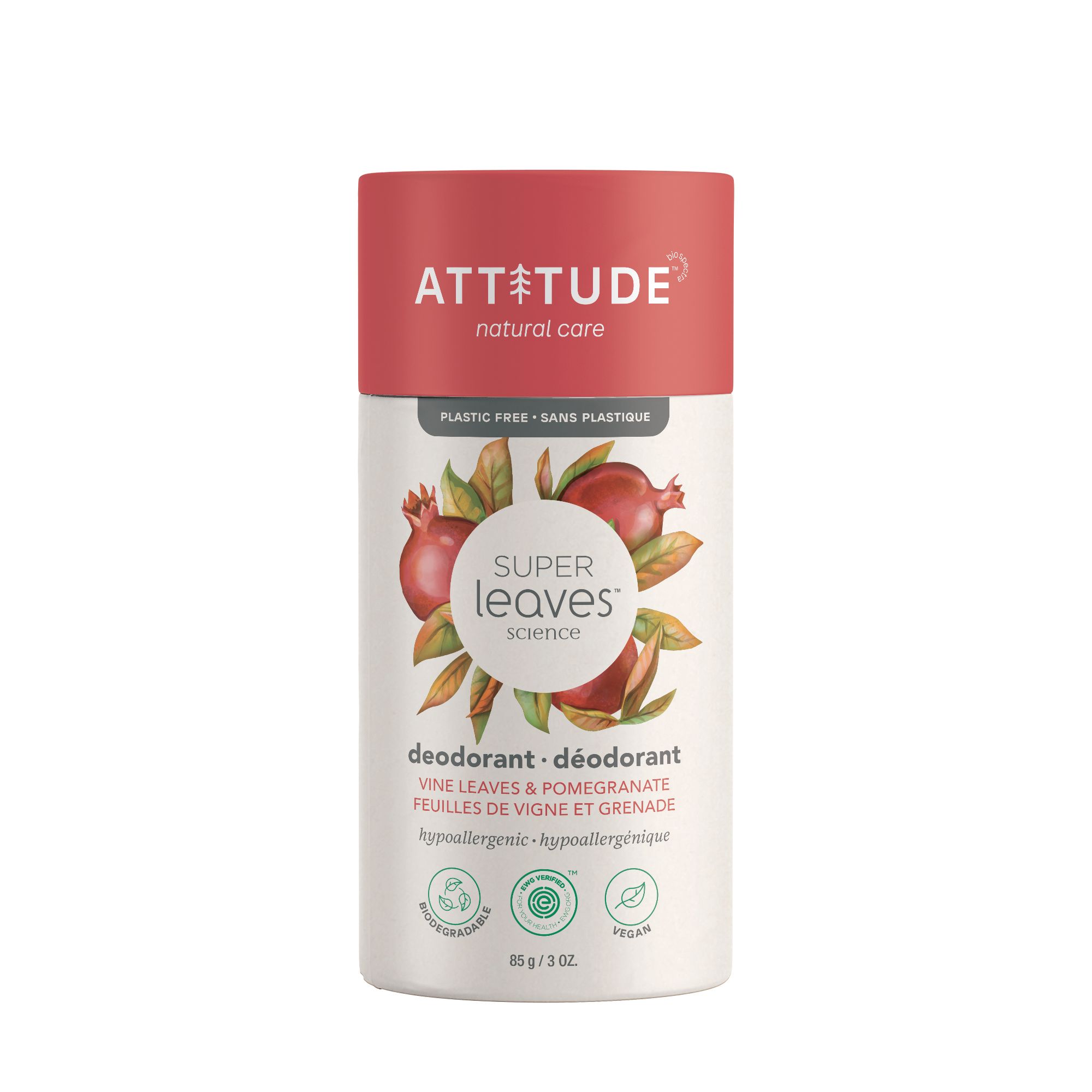 ATTITUDE Super Leaves Plastic Free Deodorant, Vine Leaves & Pomegranate